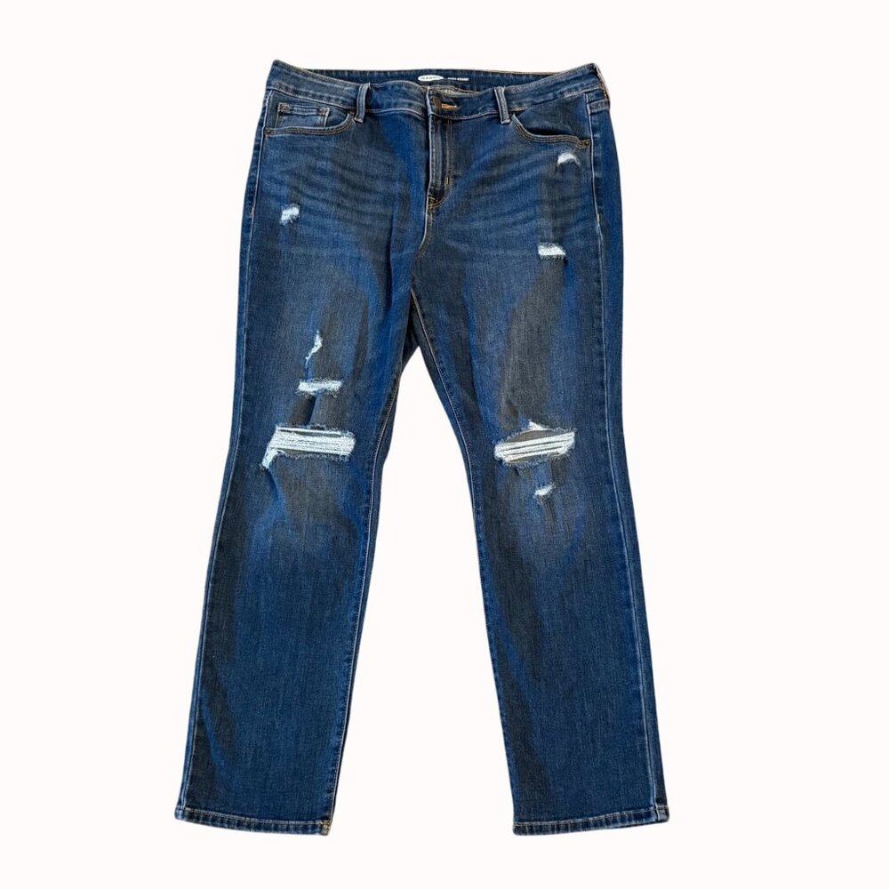 Old Navy Womens Power Straight Distressed Blue Denim Jeans Size 14 Short Ripped